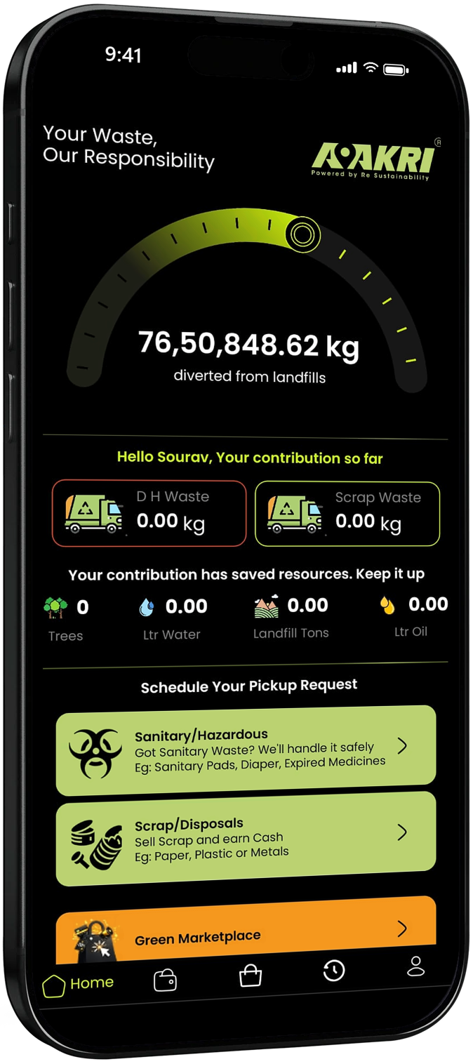 Aakri app home screen showing waste diverted from landfills