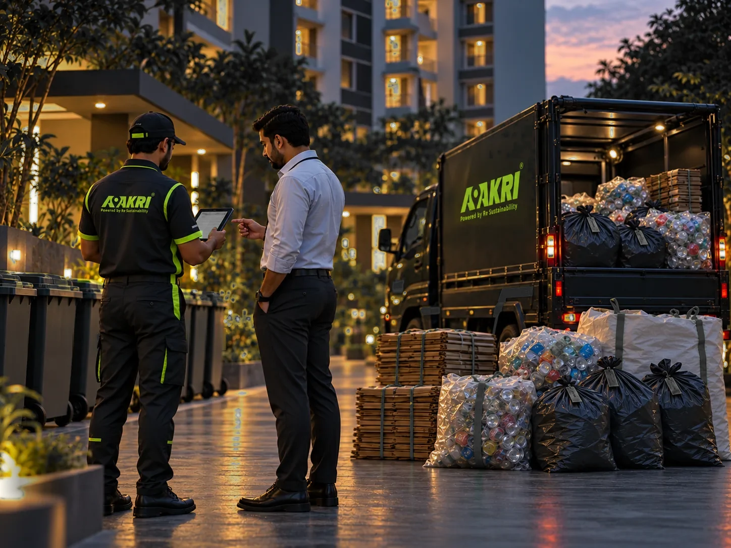 Aakri pickup partner reviewing a bulk collection with an apartment manager, with sorted recyclables and an Aakri truck behind