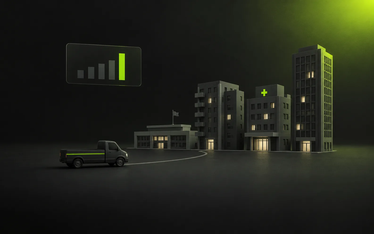 A pickup van driving toward a school, an apartment block, a hospital and an office tower, with a dashboard bar chart floating above