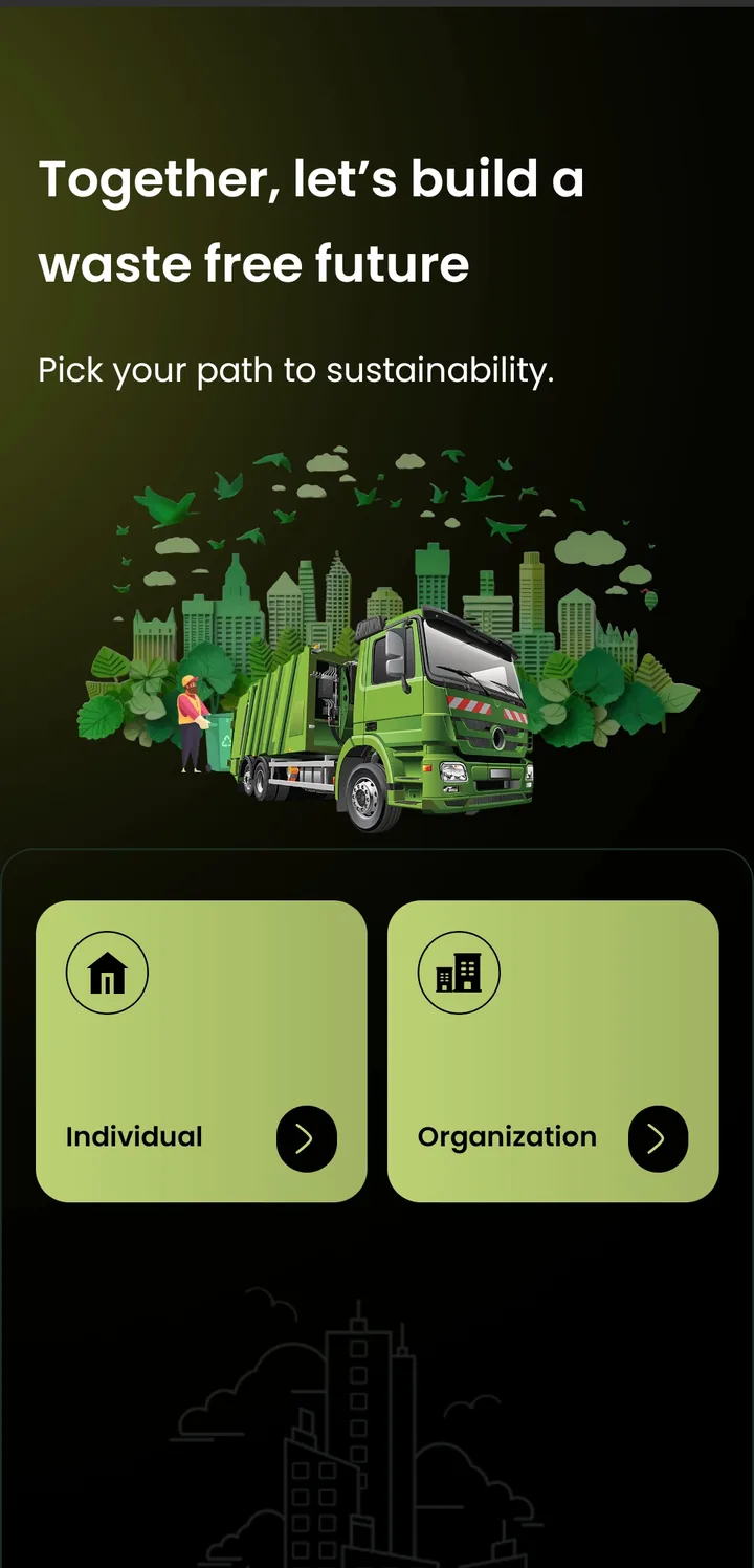 Aakri app welcome screen with Individual and Organisation options