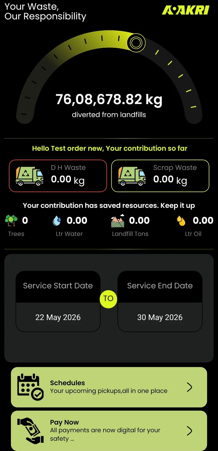 Aakri app organisation dashboard with schedules and payments